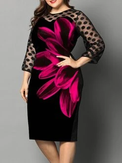 Women‘s Plus Size Curve Party Dress Cocktail Dress Sheath Dress Midi Dress Black Red Fuchsia 3/4 Length Sleeve Floral Mesh Summer Spring Fall Crew Neck Fashion Wedding Guest Vacation Fall Dress -HAYz Clothing Shop mfgmtv1691399925847