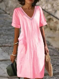 Women's Casual Dress Cotton Dress Shift Dress Midi Dress Cotton Basic Classic Outdoor Daily Vacation V Neck Lace Up Patchwork Short Sleeve Summer Spring 2023 Loose Fit Black White Pink Plain S M L XL -HAYz Clothing Shop mfjerl1690369924789