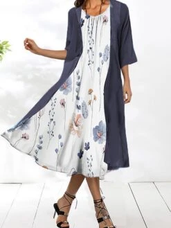 Women's Two Piece Dress Set Casual Dress Daily Vacation Modern Casual Print Midi Dress Crew Neck Half Sleeve Graphic Floral Loose Fit White Dark Green Summer Spring S M L XL XXL