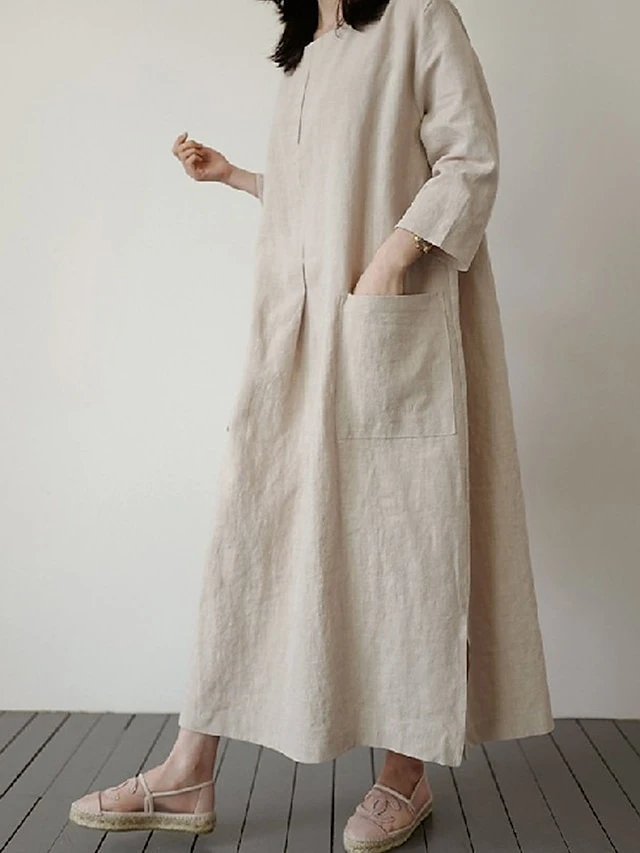 Women's Casual Dress Cotton Linen Dress Maxi Long Dress Linen / Cotton Blend Basic Classic Outdoor Daily Vacation Crew Neck Pocket Split 3/4 Length Sleeve Spring Fall Autumn 2023 Loose Fit Red Apricot 15 Women's Casual Dress Cotton Linen Dress Maxi Long Dress Linen / Cotton Blend Basic Classic Outdoor Daily Vacation Crew Neck Pocket Split 3/4 Length Sleeve Spring Fall Autumn 2023 Loose Fit Red Apricot - Image 15