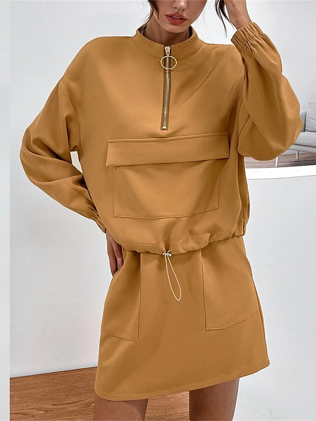 Women's Two Piece Dress Set Casual Dress Skirt Set Outdoor Daily Streetwear Modern Pocket Mini Dress Stand Collar Long Sleeve Plain Loose Fit Khaki Fall Winter S M L XL 2 Women's Two Piece Dress Set Casual Dress Skirt Set Outdoor Daily Streetwear Modern Pocket Mini Dress Stand Collar Long Sleeve Plain Loose Fit Khaki Fall Winter S M L XL - Image 2