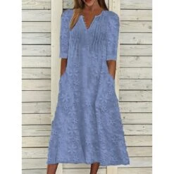 Women's Cotton Linen Dress Casual Dress Midi Dress Cotton Casual Mature Outdoor Daily Vacation V Neck Ruched Pocket Half Sleeve Summer Spring Fall 2023 Loose Fit White Blue Green Plain S M L XL 2XL -HAYz Clothing Shop mgdrno1680502518293