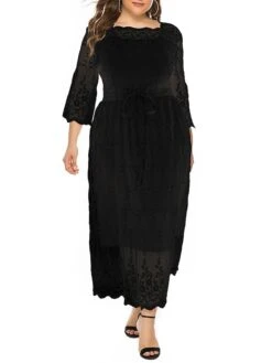 Women‘s Plus Size Curve Prom Dress Party Dress Lace Dress Long Dress Maxi Dress Black 3/4 Length Sleeve Pure Color Lace Summer Spring Fall Square Neck Fashion Winter Dress Birthday Evening -HAYz Clothing Shop mgfxwf1691399449863