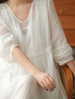 Women's Casual Dress Cotton Linen Dress Midi Dress Linen / Cotton Blend Basic Classic Outdoor Daily Vacation V Neck Lace Up 3/4 Length Sleeve Fall Autumn 2023 Loose Fit Black White Yellow Plain M L -HAYz Clothing Shop mglwpy1693203393023