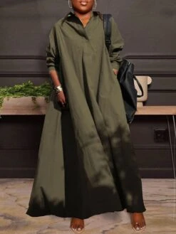 Women's Plus Size Curve Casual Dress Swing Dress Solid Color Long Dress Maxi Dress Long Sleeve Ruched V Neck Fashion Outdoor ArmyGreen Black Fall Winter L XL XXL 3XL 4XL