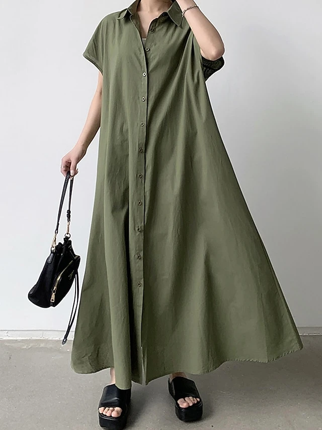 Women's Shirt Dress Casual Dress Maxi Long Dress Outdoor Daily Cotton Linen Basic Classic Shirt Collar Button Short Sleeve Summer Spring 2023 Loose Fit Navy Blue Brown Green Pure Color S M L XL XXL 4 Women's Shirt Dress Casual Dress Maxi Long Dress Outdoor Daily Cotton Linen Basic Classic Shirt Collar Button Short Sleeve Summer Spring 2023 Loose Fit Navy Blue Brown Green Pure Color S M L XL XXL - Image 4