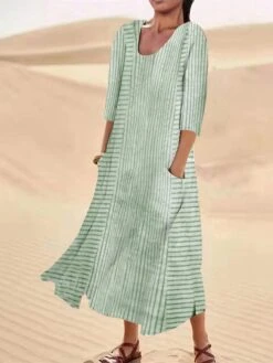 Women's Casual Dress Cotton Linen Dress Midi Dress Polyester Fashion Casual Daily Outdoor Daily Vacation Crew Neck Pocket Print Half Sleeve Summer Spring Fall 2023 Loose Fit Blue Purple Green -HAYz Clothing Shop mhgvug1690365611915