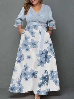 Women‘s Plus Size Curve Party Dress Swing Dress Floral Long Dress Maxi Dress 3/4 Length Sleeve Lace Up Pocket V Neck Fashion Party White Dark Green Summer Spring L XL XXL 3XL 4XL -HAYz Clothing Shop mhkltb1683271984544