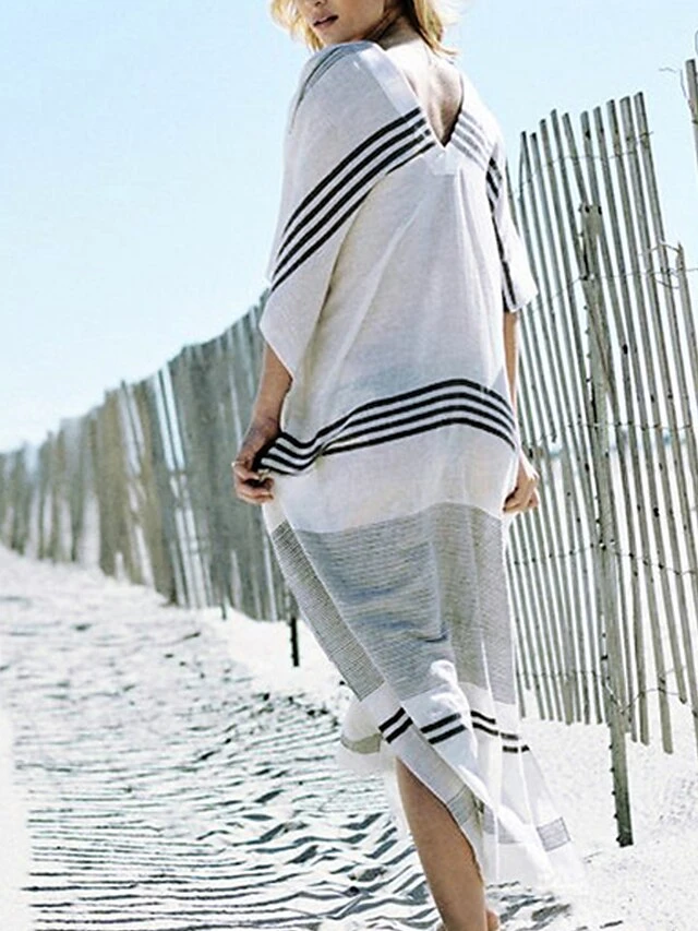 Women's Casual Dress Cotton Dress White Dress Midi Dress Cotton Basic Classic Outdoor Daily Vacation V Neck Print Short Sleeve Spring Fall Winter 2023 Loose Fit White Striped One-Size 6 Women's Casual Dress Cotton Dress White Dress Midi Dress Cotton Basic Classic Outdoor Daily Vacation V Neck Print Short Sleeve Spring Fall Winter 2023 Loose Fit White Striped One-Size - Image 6