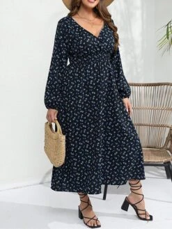 Women's Plus Size Curve Party Dress Wedding Guest Dress Swing Dress Midi Dress Dark Blue Long Sleeve Floral Print Spring Fall Winter V Neck Fashion Winter Dress Birthday Wedding Guest XL XXL 3XL 4XL -HAYz Clothing Shop mhnkph1692171338294