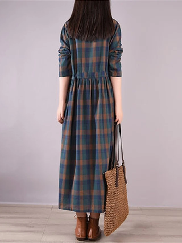 Women's Casual Dress Cotton Linen Dress Plaid Dress Midi Dress Linen / Cotton Blend Fashion Basic Outdoor Daily Holiday Stand Collar Pocket Print Long Sleeve Fall Winter Autumn 2023 Loose Fit Yellow 2 Women's Casual Dress Cotton Linen Dress Plaid Dress Midi Dress Linen / Cotton Blend Fashion Basic Outdoor Daily Holiday Stand Collar Pocket Print Long Sleeve Fall Winter Autumn 2023 Loose Fit Yellow - Image 2