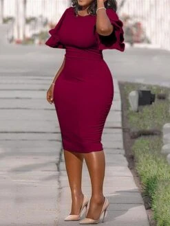 Women‘s Plus Size Curve Flattering Dresses Elegant Wedding Guest Party Dress Solid Color Crew Neck Ruffle Short Sleeve Spring Fall Work Prom Dress Short Mini Dress Formal Party Dress Work Dress -HAYz Clothing Shop mhyqyn1628138147067