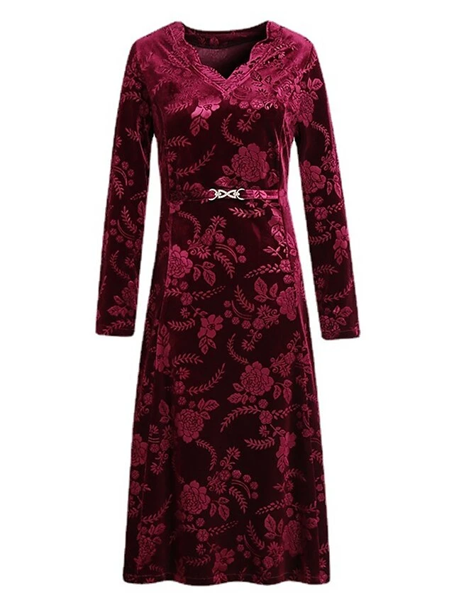 Women's Plus Size Party Dress Velvet Dress Cocktail Dress Midi Dress Wine Blue Purple Long Sleeve Floral Jacquard Spring Fall Winter Split Neck Fashion Winter Dress Wedding Guest Vacation 2023 XL XXL 2 Women's Plus Size Party Dress Velvet Dress Cocktail Dress Midi Dress Wine Blue Purple Long Sleeve Floral Jacquard Spring Fall Winter Split Neck Fashion Winter Dress Wedding Guest Vacation 2023 XL XXL - Image 2