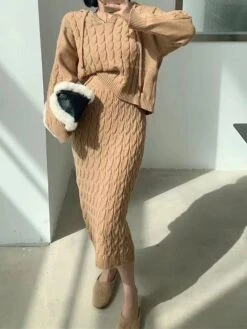 Women's Two Piece Dress Set Casual Dress Skirt Set Outdoor Daily Fashion Streetwear Patchwork Midi Dress Hooded Long Sleeve Plain Loose Fit Black Khaki Apricot Fall Winter One-Size -HAYz Clothing Shop mijmme1695722088874