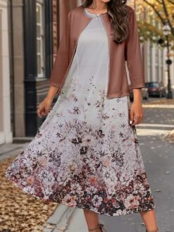 Women's Two Piece Dress Set Casual Dress Swing Dress Outdoor Office Fashion Streetwear Print Midi Dress Crew Neck 3/4 Length Sleeve Floral Regular Fit Navy Blue Royal Blue Blue Fall Winter S M L XL