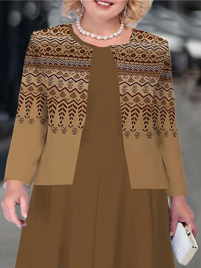 Women's Plus Size Curve Casual Dress Dress Set Two Piece Dress Geometric Color Block Midi Dress Long Sleeve Print Crew Neck Mature Outdoor Brown Fall Winter L XL XXL 3XL 4XL 2 Women's Plus Size Curve Casual Dress Dress Set Two Piece Dress Geometric Color Block Midi Dress Long Sleeve Print Crew Neck Mature Outdoor Brown Fall Winter L XL XXL 3XL 4XL - Image 2