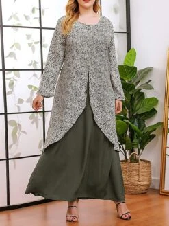Women's Plus Size Curve Casual Dress A Line Dress Floral Dress Solid Color Floral Long Dress Maxi Dress Long Sleeve Fake Two Piece Crew Neck Fashion Party Green Fall Winter XL XXL 3XL 4XL