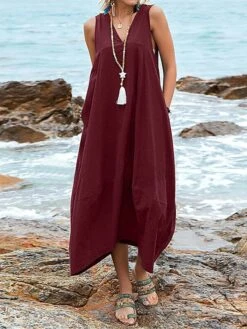 Women's Casual Dress Cotton Dress Swing Dress Maxi Long Dress Cotton Blend Basic Classic Outdoor Daily V Neck Pocket Sleeveless Summer Spring 2023 Regular Fit Black Wine Khaki Plain S M L XL 2XL -HAYz Clothing Shop mjkcek1686713210069