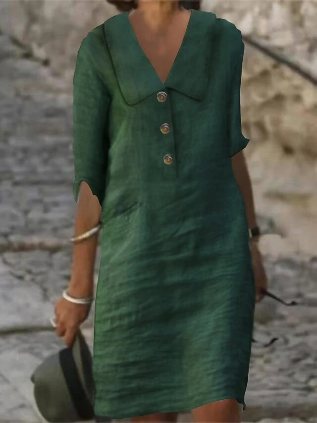 Women's Cotton Linen Dress Casual Dress Shift Dress Midi Dress Cotton Blend Fashion Modern Outdoor Daily Vacation Shirt Collar Button Half Sleeve Summer Spring 2023 Regular Fit White Blue Green Plain 2 Women's Cotton Linen Dress Casual Dress Shift Dress Midi Dress Cotton Blend Fashion Modern Outdoor Daily Vacation Shirt Collar Button Half Sleeve Summer Spring 2023 Regular Fit White Blue Green Plain - Image 2