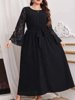 Women's Plus Size Curve Prom Dress Party Dress Wedding Guest Dress Long Dress Maxi Dress Black Long Sleeve Pure Color Lace Up Fall Winter Autumn Crew Neck Fashion Evening Party Wedding Guest -HAYz Clothing Shop mjvpxx1693210774535