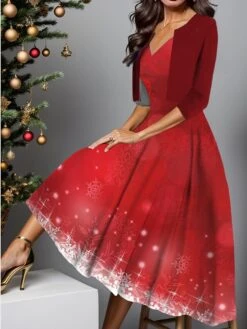 Women's Two Piece Dress Set Casual Dress Swing Dress Outdoor Christmas Fashion Elegant Print Midi Dress V Neck Half Sleeve Snowflake Ombre Regular Fit Burgundy Navy Blue Blue Fall Winter S M L XL XXL -HAYz Clothing Shop mkcgmx1697181064712