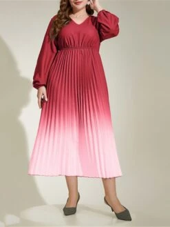 Women's Plus Size Work Dress Swing Dress Semi Formal Dress Fashion Long Dress Maxi Dress Pleated Print V Neck Long Sleeve Ombre Regular Fit Red Fall Winter L XL XXL 3XL 4XL -HAYz Clothing Shop mkfqts1693300575233
