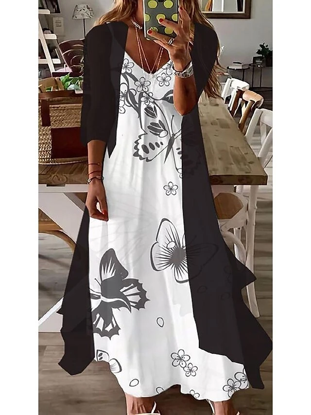 Women's Dress Set Two Piece Dress Swing Dress Long Dress Maxi Dress Black Purple Orange Half Sleeve Floral Summer Spring V Neck Elegant Loose Fit 2023 M L XL XXL XXXL 3 Women's Dress Set Two Piece Dress Swing Dress Long Dress Maxi Dress Black Purple Orange Half Sleeve Floral Summer Spring V Neck Elegant Loose Fit 2023 M L XL XXL XXXL - Image 3