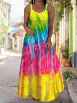 Women‘s Plus Size Curve Casual Dress Strap Dress Tie Dye Long Dress Maxi Dress Sleeveless Print Strap Fashion Outdoor Yellow Red Summer Spring L XL XXL 3XL 4XL -HAYz Clothing Shop mkowfp1680078124725