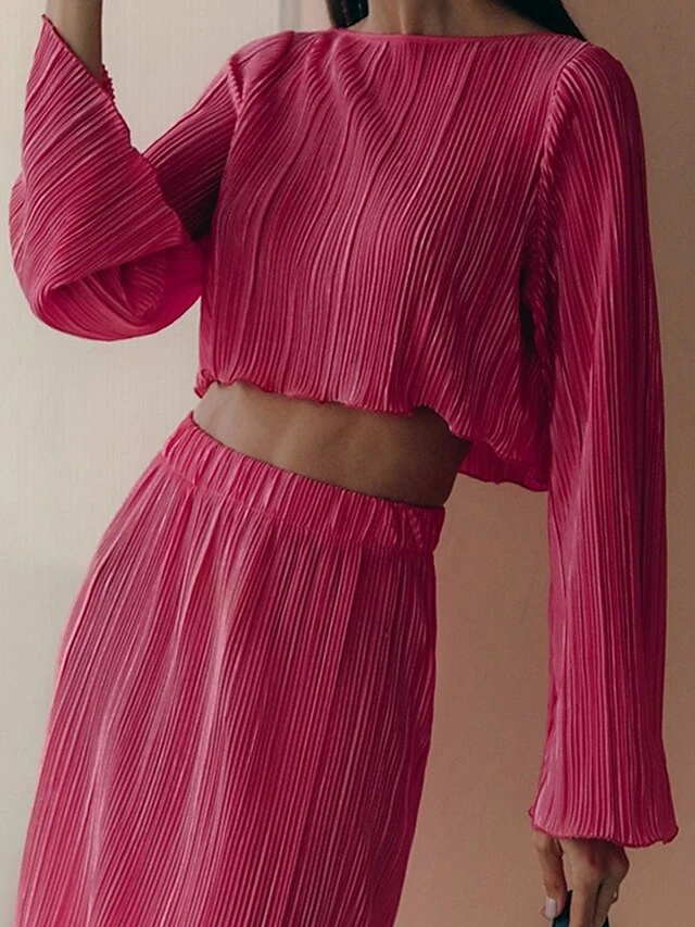 Women's Two Piece Dress Set Casual Dress Skirt Set Outdoor Daily Fashion Streetwear Pleated Midi Dress Crew Neck Long Sleeve Plain Regular Fit Blue Green Rose Red Fall Winter S M L 10 Women's Two Piece Dress Set Casual Dress Skirt Set Outdoor Daily Fashion Streetwear Pleated Midi Dress Crew Neck Long Sleeve Plain Regular Fit Blue Green Rose Red Fall Winter S M L - Image 10