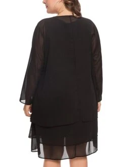 Women‘s Plus Size Curve Casual Dress Solid Color Crew Neck Mesh Long Sleeve Spring Fall Casual Knee Length Dress Daily Vacation Dress -HAYz Clothing Shop mkqedw1691044057454