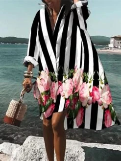 Women's Shirt Dress Casual Dress Swing Dress Midi Dress Daily Holiday Vacation Polyester Stylish Modern Shirt Collar High Low Dress Print Long Sleeve Summer Spring 2022 Loose Fit Black Red Blue -HAYz Clothing Shop mkwzge1660890830025