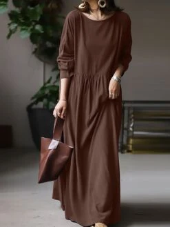 Women's Plus Size Work Dress Black Dress White Dress Fashion Long Dress Maxi Dress Ruched Patchwork Crew Neck Long Sleeve Plain Loose Fit Black White Brown Fall L XL XXL 3XL 4XL -HAYz Clothing Shop mlafwc1693374220644