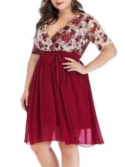 Women‘s Plus Size Curve Party Dress Cocktail Dress Wedding Guest Dress Midi Dress Black Wine Short Sleeve Floral Lace Up Summer Spring Fall V Neck Fashion Birthday Wedding Guest Vacation 2023 -HAYz Clothing Shop mljusv1691399400902