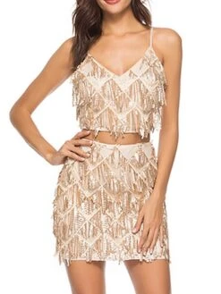Women's Two Piece Dress Set Party Dress Skirt Set Party Cocktail Party Fashion Party Tassel Fringe Backless Mini Dress Strap Sleeveless Plain Slim Champagne Gold Spring Fall S M L XL -HAYz Clothing Shop mllokx1692935664222