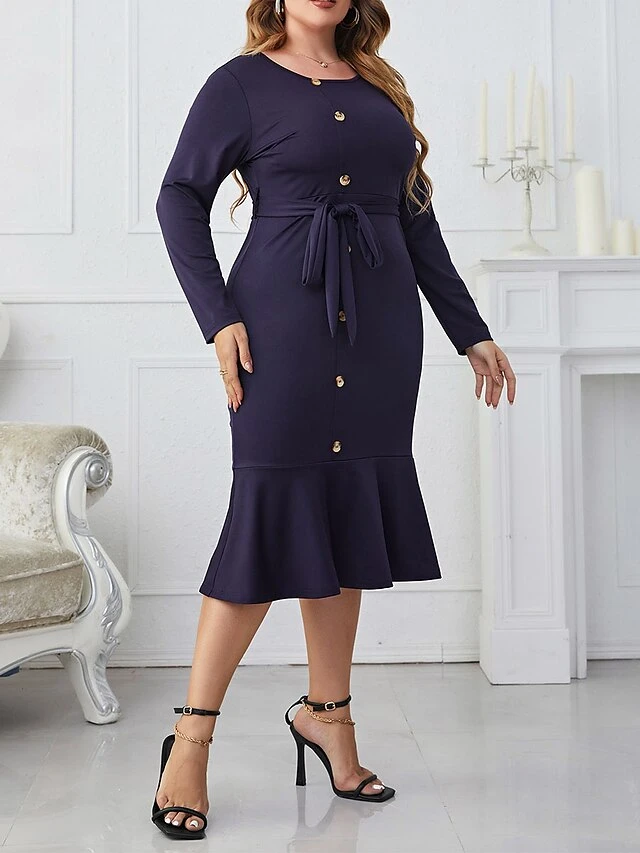 Women's Plus Size Party Dress Wedding Guest Dress Sheath Dress Midi Dress Dark Blue Long Sleeve Pure Color Ruffle Spring Fall Winter Crew Neck Fashion Winter Dress Office Evening Party 2023 XL XXL 2 Women's Plus Size Party Dress Wedding Guest Dress Sheath Dress Midi Dress Dark Blue Long Sleeve Pure Color Ruffle Spring Fall Winter Crew Neck Fashion Winter Dress Office Evening Party 2023 XL XXL - Image 2