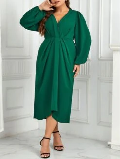 Women's Plus Size Curve Party Dress Casual Dress Sheath Dress Plain Midi Dress Long Sleeve Ruched V Neck Fashion Outdoor Green Fall Winter XL XXL 3XL 4XL -HAYz Clothing Shop mlpncx1695025599915