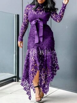 Women‘s Plus Size Curve Party Dress Solid Color Turtleneck Lace Long Sleeve Fall Spring Elegant Prom Dress Maxi Long Dress Formal Party Dress -HAYz Clothing Shop mlrvyc1654584103942