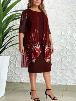 Women‘s Plus Size Curve Work Dress Shift Dress Graphic Midi Dress Half Sleeve Print Crew Neck Elegant Daily Wine Blue Spring Fall L XL XXL 3XL 4XL