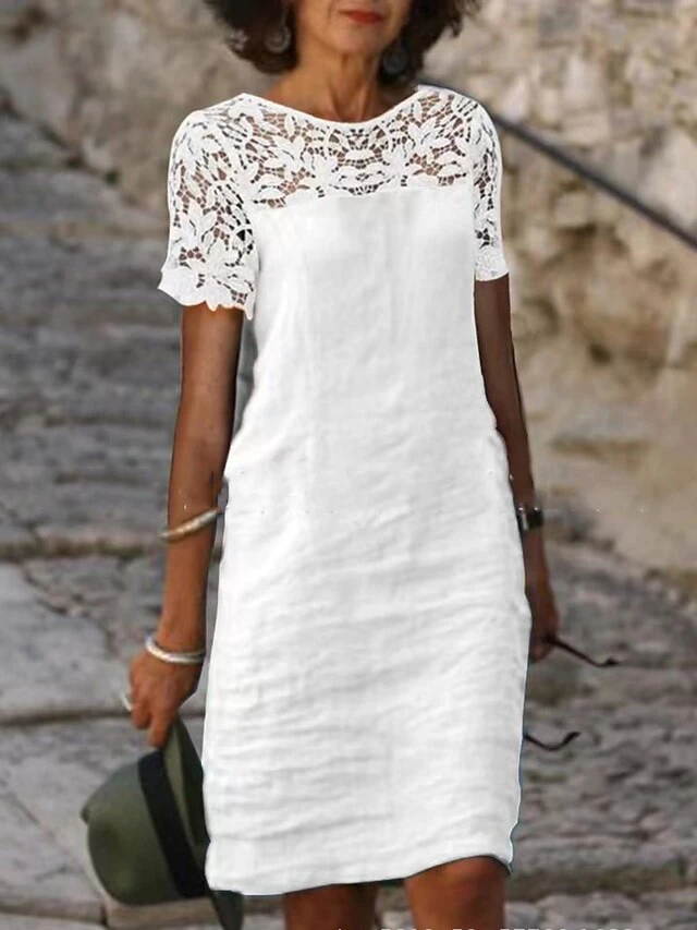 Women's Casual Dress Cotton Linen Dress Lace Dress Midi Dress Linen / Cotton Blend Fashion Basic Outdoor Daily Vacation Crew Neck Lace Patchwork Short Sleeve Summer Spring 2023 Regular Fit White Pink 1 Women's Casual Dress Cotton Linen Dress Lace Dress Midi Dress Linen / Cotton Blend Fashion Basic Outdoor Daily Vacation Crew Neck Lace Patchwork Short Sleeve Summer Spring 2023 Regular Fit White Pink