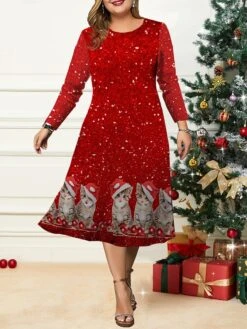 Women's Christmas Plus Size Curve Casual Dress Skater Dress A Line Dress Santa Claus Gradient Midi Dress Long Sleeve Print Crew Neck Fashion Outdoor Black White Fall Winter L XL XXL 3XL 4XL -HAYz Clothing Shop mmokhb1695264753785