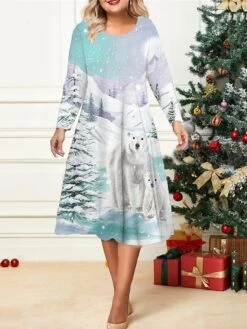 Women's Christmas Plus Size Curve Casual Dress Skater Dress A Line Dress Animal Christmas Tree Midi Dress Long Sleeve Print Crew Neck Fashion Outdoor White Blue Fall Winter L XL XXL 3XL 4XL -HAYz Clothing Shop mmwwsn1695813649632