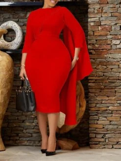 Women‘s Plus Size Curve Work Dress Bodycon Sheath Dress Solid Color Midi Dress Long Sleeve Crew Neck Fashion Outdoor White Red Fall Spring L XL XXL 3XL -HAYz Clothing Shop mmxzyf1676871088768