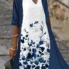 Women‘s Dress Set Two Piece Dress A Line Dress Midi Dress Blue Half Sleeve Floral Print Summer Spring V Neck Casual 2023 S M L XL XXL 3XL