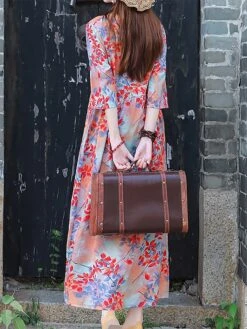 Women's Casual Dress Cotton Linen Dress Swing Dress Midi Dress Linen / Cotton Blend Sweet Style Modern Outdoor Daily Holiday Crew Neck Print 3/4 Length Sleeve Fall Winter Autumn 2023 Loose Fit Yellow -HAYz Clothing Shop mnuzaa1693553155035