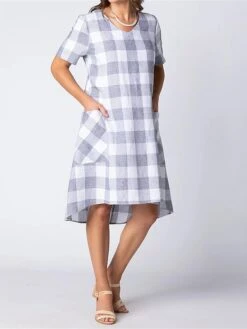 Women's Casual Dress Cotton Linen Dress Shift Dress Midi Dress Cotton Blend Basic Classic Outdoor Daily Vacation V Neck Pocket Print Short Sleeve Summer Spring 2023 Loose Fit Pink Gray Plaid S M L XL -HAYz Clothing Shop moiqmt1686304038391