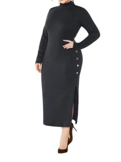 Women's Plus Size Curve Casual Dress Sweater Dress Sheath Dress Plain Midi Dress Long Sleeve Button Split Stand Collar Fashion Daily Black Wine Fall Winter XL XXL 3XL 4XL 5XL -HAYz Clothing Shop monppv1694151470937