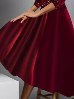 Women's Two Piece Dress Set Party Dress Wine Red Velvet Dress Party Sequin Dress Wedding Guest Fashion Modern Patchwork Midi Dress Crew Neck 3/4 Length Sleeve Plain -HAYz Clothing Shop mooman1697167538358