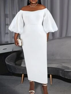 Women‘s Plus Size Curve Prom Dress Party Dress Satin Dress Long Dress Maxi Dress White 3/4 Length Sleeve Pure Color Backless Summer Spring Fall Off Shoulder Fashion Evening Party Wedding Guest