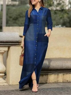 Women's Shirt Dress Casual Dress Shift Dress Maxi Long Dress Outdoor Daily Polyester Fashion Casual Shirt Collar Button Pocket Long Sleeve Summer Spring Fall 2023 Loose Fit Yellow Red Blue Plaid S M -HAYz Clothing Shop mpeajf1689823424673