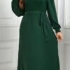 Women's Plus Size Curve Party Dress Winter Dress Sheath Dress Plain Midi Dress Long Sleeve Lace Up Ruched V Neck Fashion Party Green Fall Winter XL XXL 3XL 4XL